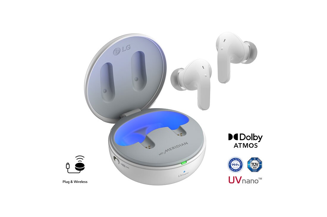 LG TONE Free T90, While the earbuds are in the air, light is emitted from the case, opening the cradle's lid. Plug and Wireless appear on the left, UVnano and Dolby Atmos logos on the right., TONE-T90Q