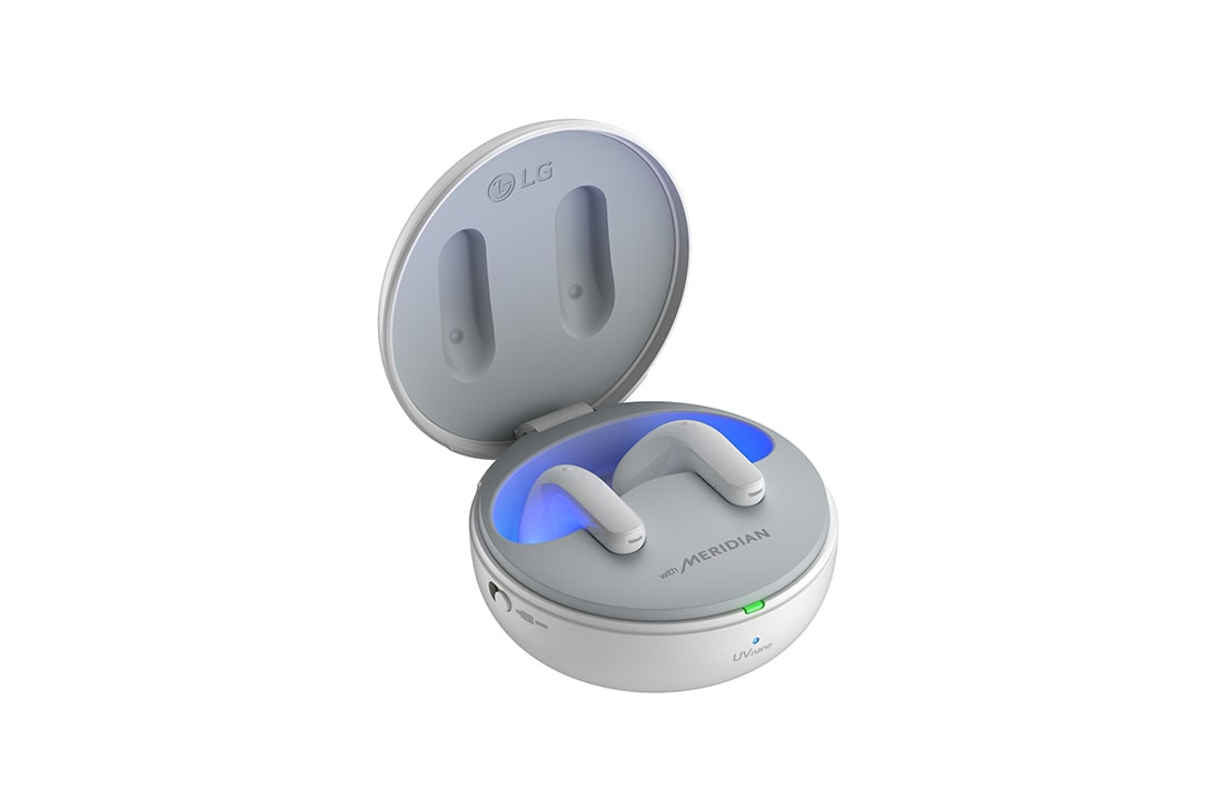 LG TONE Free T90 Dolby Atmos Earbuds - White, The lid of the cradle is open, showing light coming out through the earbuds inside, with the Plug and Wireless switch shown from the side., TONE-T90Q, thumbnail 2