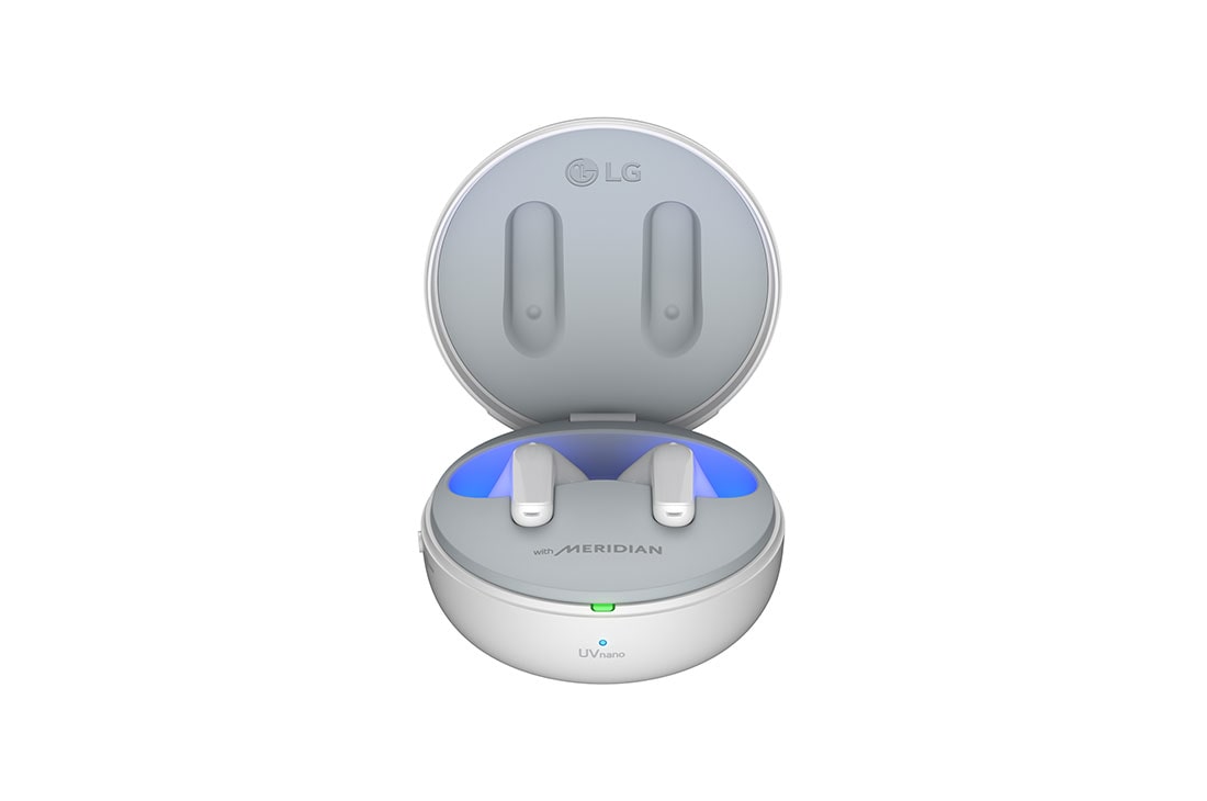 LG TONE Free T90 Dolby Atmos Earbuds - White, The lid of the cradle is open, showing light coming out through the earbuds inside., TONE-T90Q, thumbnail 3