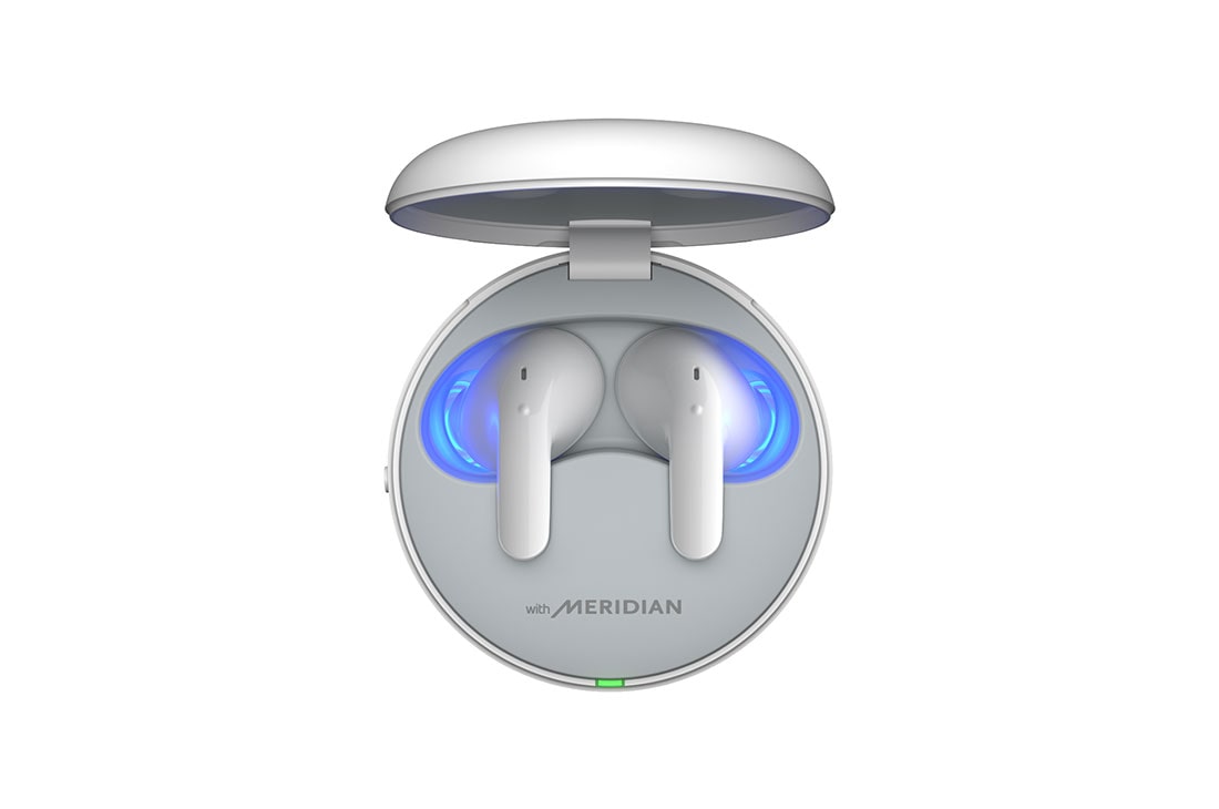 LG TONE Free T90 Dolby Atmos Earbuds - White, An aerial view of the open cradle, showing light coming out through the earbuds inside., TONE-T90Q, thumbnail 12