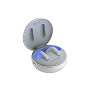 LG TONE Free T90 Dolby Atmos Earbuds - White, The lid of the cradle is open, showing light coming out through the earbuds inside, with the Plug and Wireless switch shown from the side., TONE-T90Q, thumbnail 2