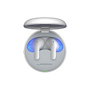 LG TONE Free T90 Dolby Atmos Earbuds - White, An aerial view of the open cradle, showing light coming out through the earbuds inside., TONE-T90Q, thumbnail 12