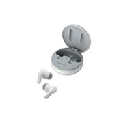 LG TONE Free T90 Dolby Atmos Earbuds - White, The cradle lid is open and seen from the right side, with the earbuds in front of it., TONE-T90Q, thumbnail 14