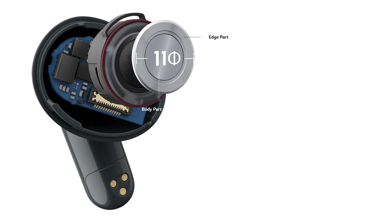 An interior shot of the T90 earbud showing the location of the 11Φ driver.