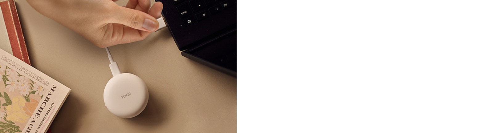 On the left, a hand plugs the cradle into a port. On the right, a woman puts the earbuds in her ear to use Plug and Wireless.