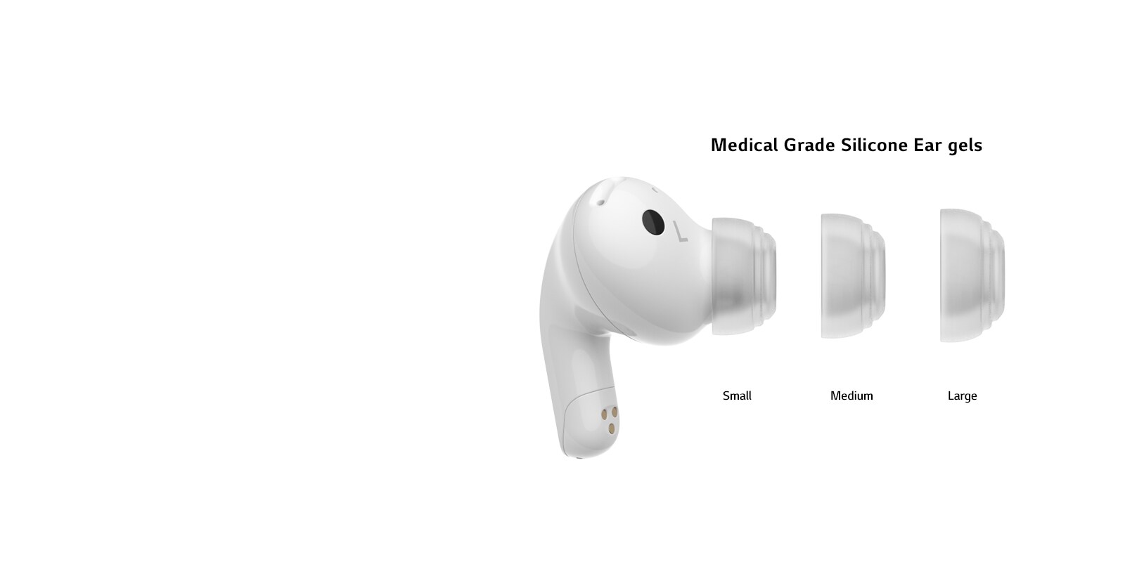 A side view of the earbud with the three sizes of ear gels.