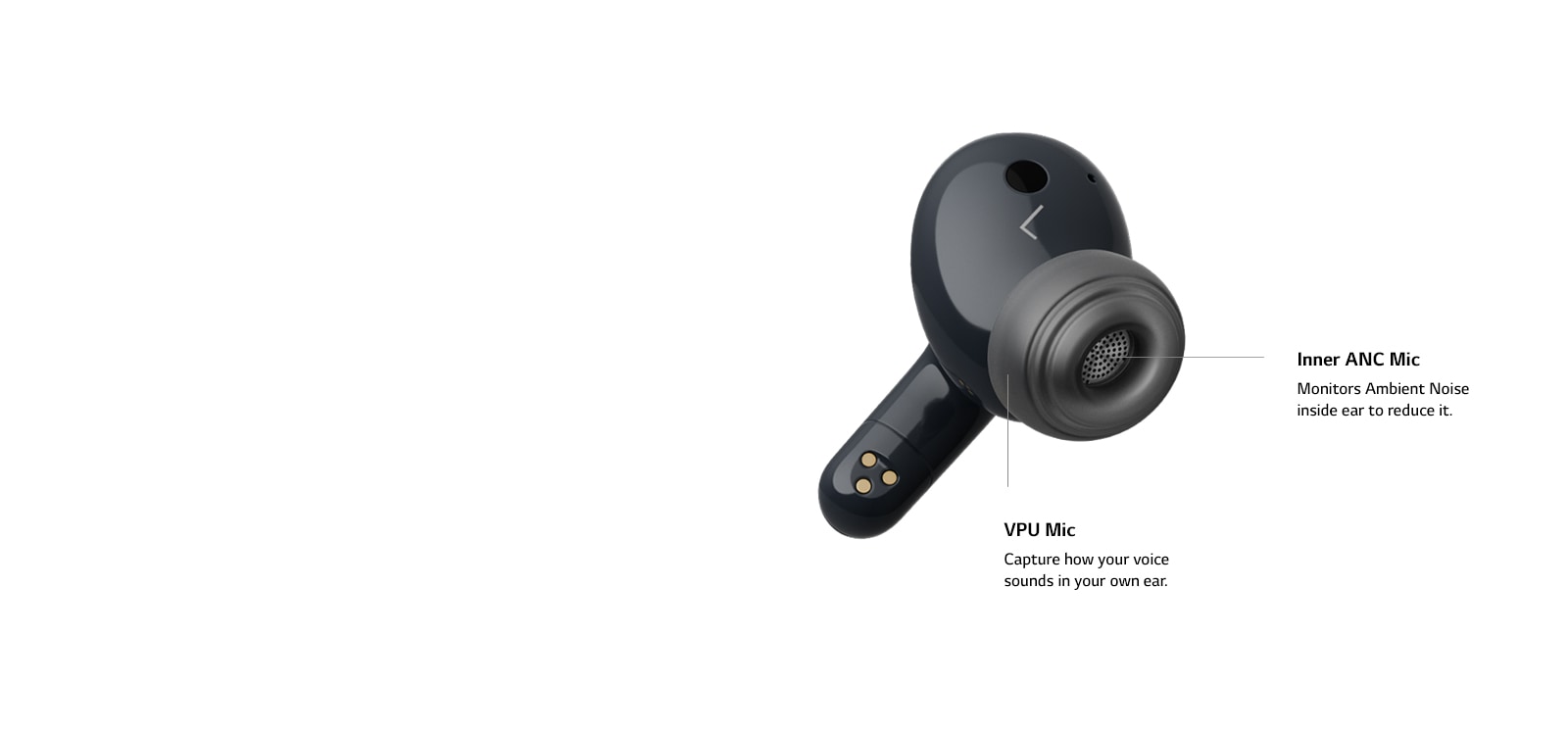 An earbud is floating and rotating to show where the 3 microphones and VPU are placed.
