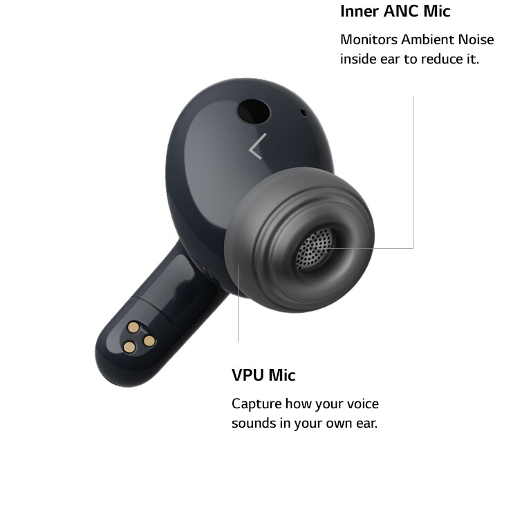 An earbud is floating and rotating to show where the 3 microphones and VPU are placed.
