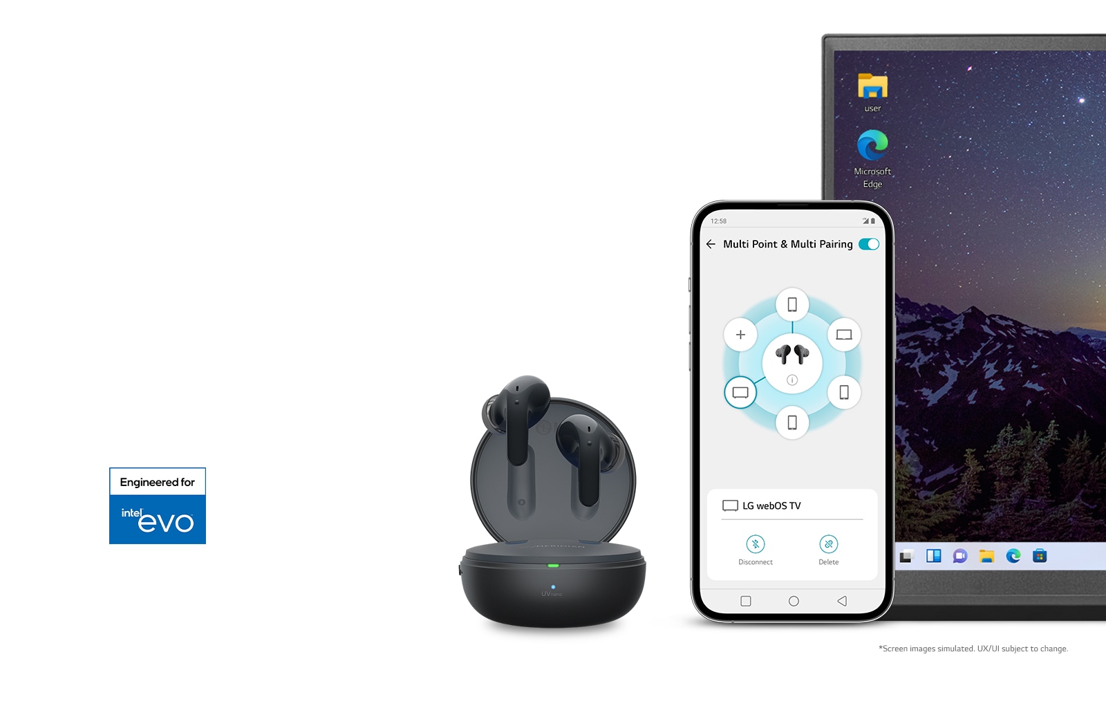 The earbuds floating above an open cradle. Next to them is a smartphone with the TONE Free app on the screen. Next to that is a TV, showing the easy connection switching. On the left is the intel evo logo.