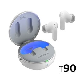 While the earbuds are in the air, light is emitted from the case, opening the cradle's lid. Plug and Wireless appear on the left, UVnano and Dolby Atmos logos on the right.2