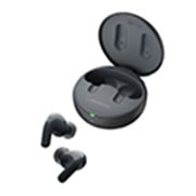 LG TONE Free T90 Dolby Atmos Earbuds - Black, The cradle lid is open and seen from the right side, with the earbuds in front of it., TONE-T90Q, thumbnail 14