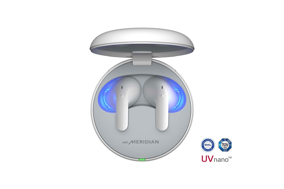 LG TONE Free T60 Earbuds - Active Noise Cancellation - White, The lid of the cradle is open, showing light coming out through the earbuds inside. The UVnano logo is visible from above., TONE-T60Q