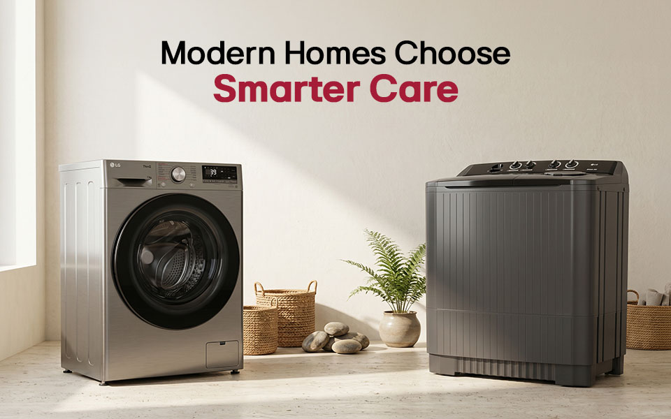 An LG front-load washer and a twin-tub washing machine side by side with the text 