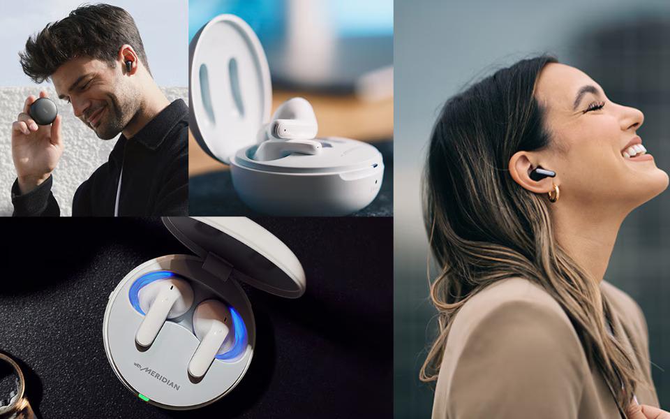 Collage of wireless earbuds in cases and people happily wearing them outdoors and indoors.