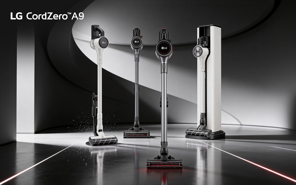Four models of LG CordZero A9 cordless vacuums in different colors in a sleek studio.