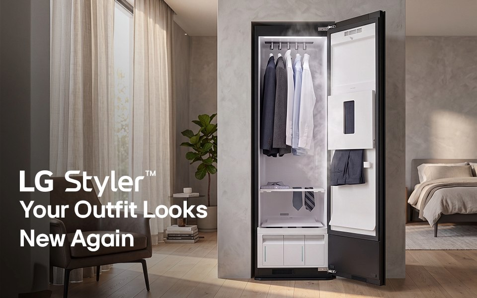 An open LG Styler steam closet with clothes inside, set in a room with text reading 
