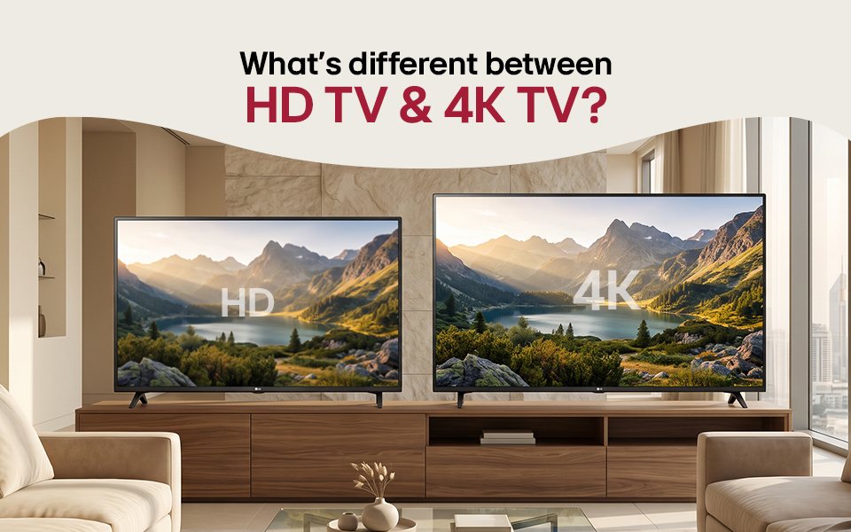 Side-by-side HD and 4K LG TVs displaying mountain landscape with text reading 