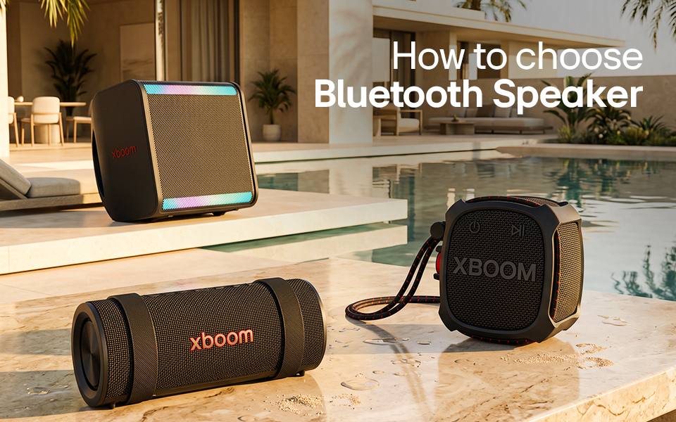 Three LG XBOOM portable Bluetooth speakers set by a poolside patio with text reading 