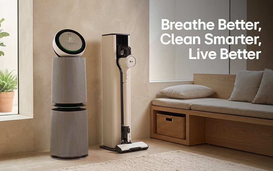 An LG air purifier and cordless vacuum in a modern room with text reading 