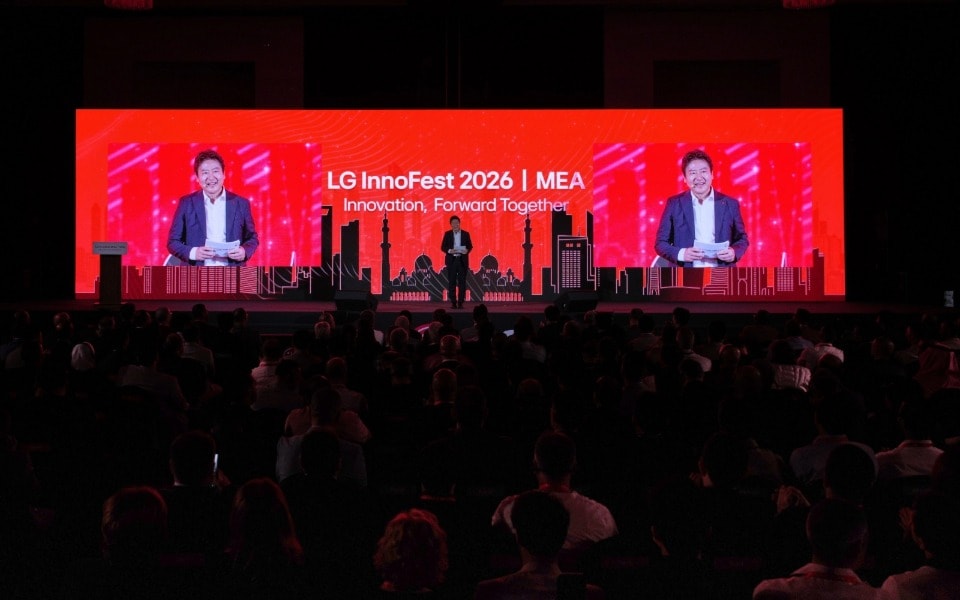 A speaker on stage at LG InnoFest 2026 MEA, 