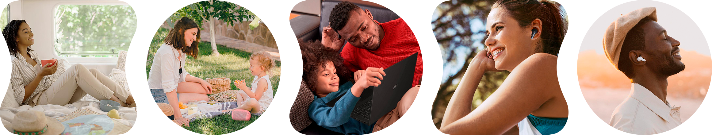 A woman leaning inside a caravan, holding a mug; A mother enjoying a picnic with her child on the grass; A father lying next to him, watching the child use a laptop; A woman in workout attire with earphones, smiling brightly; A man with earphones, eyes closed, smiling