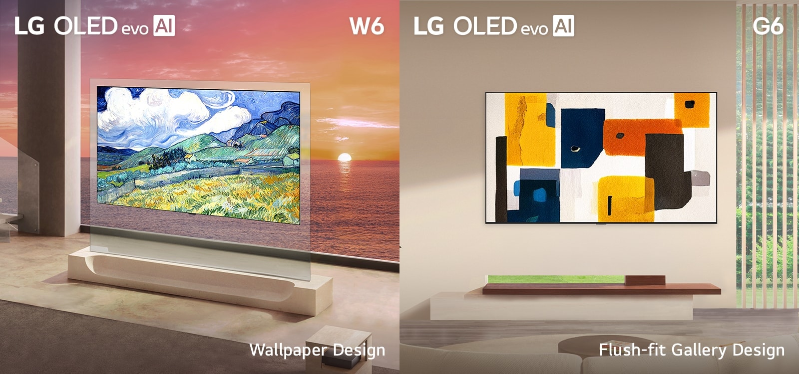 LG ART TV lineup including LG OLED evo AI W6 Wallpaper TV and LG OLED evo AI G6 each showcasing Wallpaper Design and Flush-fit Gallery Design, transforming TV screens into gallery-worthy art displays.