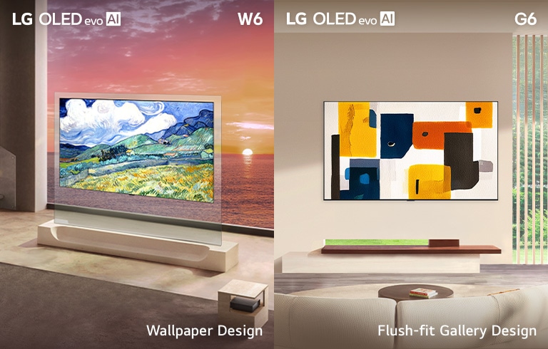 LG ART TV lineup including LG OLED evo AI W6 Wallpaper TV and LG OLED evo AI G6 each showcasing Wallpaper Design and Flush-fit Gallery Design, transforming TV screens into gallery-worthy art displays.