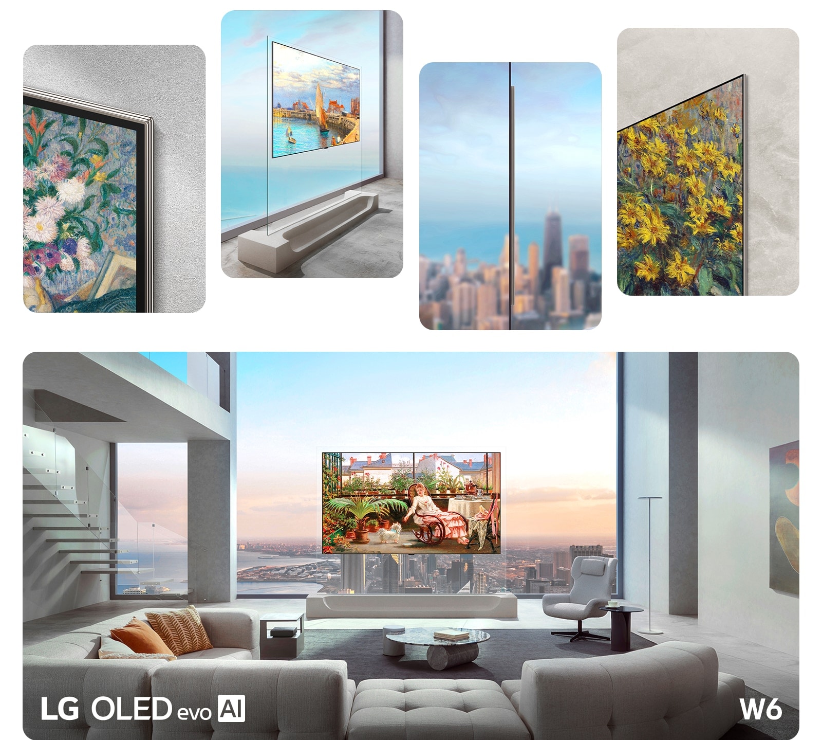 LG OLED evo AI W6 Wallpaper TV featuring 9mm-class thin Wallpaper Design with True Wireless is shown in multiple close-up angles highlighting its ultra-slim profile and cable-free look that blends seamlessly into interiors. LG OLED evo AI W6 Wallpaper TV featuring a 9mm-class thin Wallpaper Design with True Wireless stands before a large window in a living space, displaying an Impressionist-style painting that blends naturally with the skyline beyond.