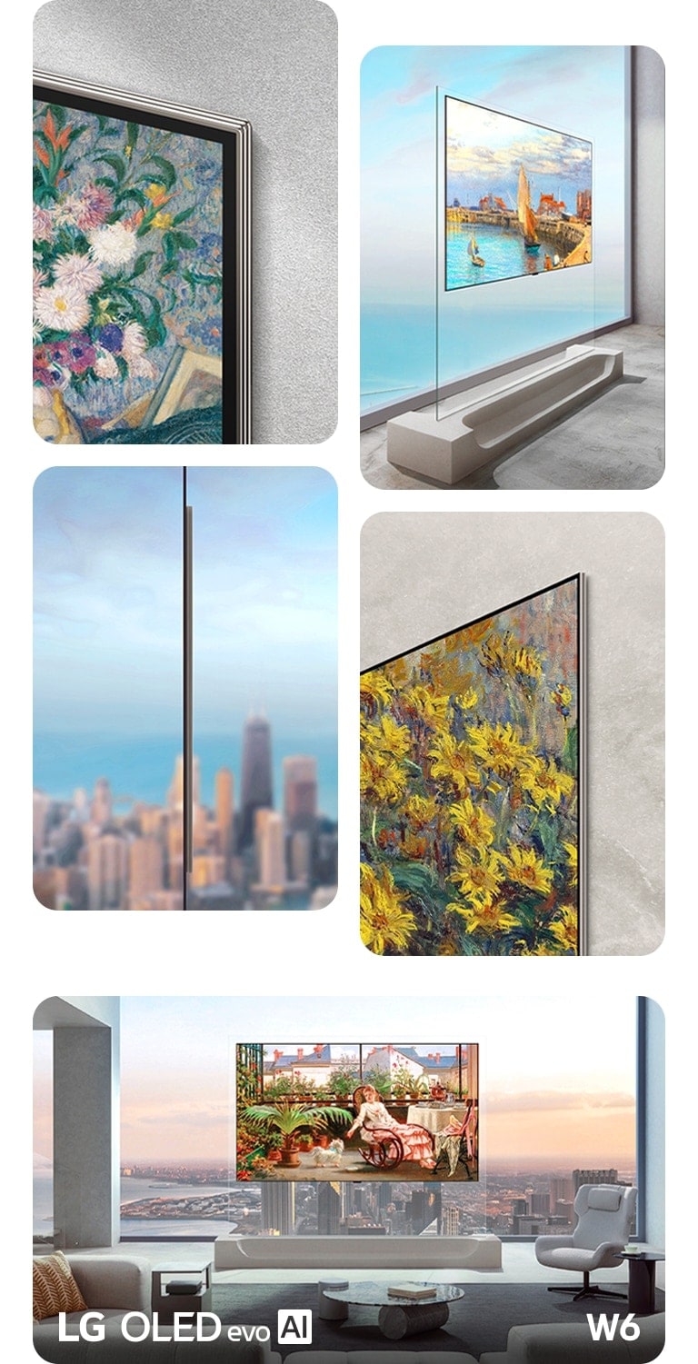 LG OLED evo AI W6 Wallpaper TV featuring 9mm-class thin Wallpaper Design with True Wireless is shown in multiple close-up angles highlighting its ultra-slim profile and cable-free look that blends seamlessly into interiors. LG OLED evo AI W6 Wallpaper TV featuring a 9mm-class thin Wallpaper Design with True Wireless stands before a large window in a living space, displaying an Impressionist-style painting that blends naturally with the skyline beyond.