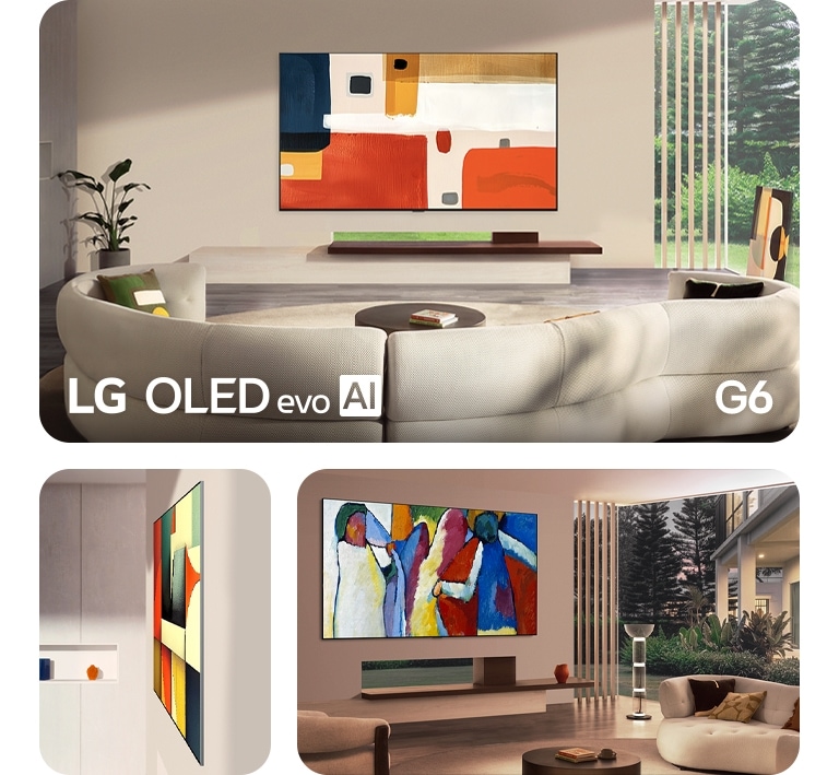 LG OLED evo AI G6 featuring Flush-fit Gallery Design is presented in three views, highlighting its slim side profile and seamless wall alignment while showcasing bold abstract artwork that integrates cleanly into modern living spaces.