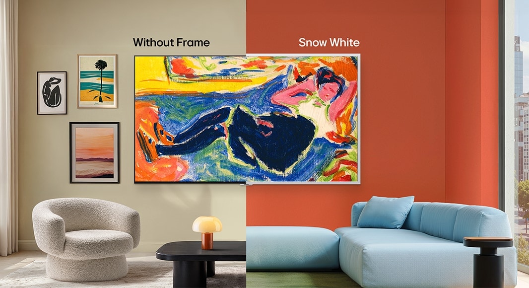 LG Gallery TV AI with frame LX7 ART TV featuring Attachable Gallery Frame is shown in a split view with and without the Snow White frame option, illustrating how swapping the frame changes the ambiance of the space.