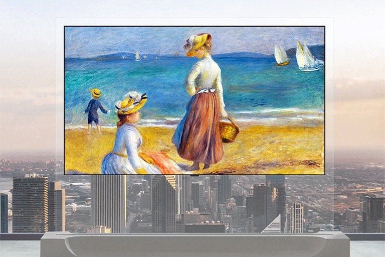 LG OLED evo AI W6 Wallpaper TV is shown in front of floor-to-ceiling windows, displaying a framed painting creating the appearance of artwork suspended within the living space.