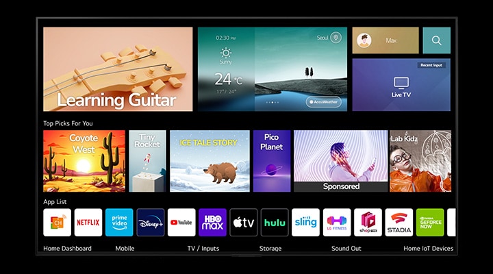 Several apps float against a black backdrop then neatly arrange themselves onto a television screen.