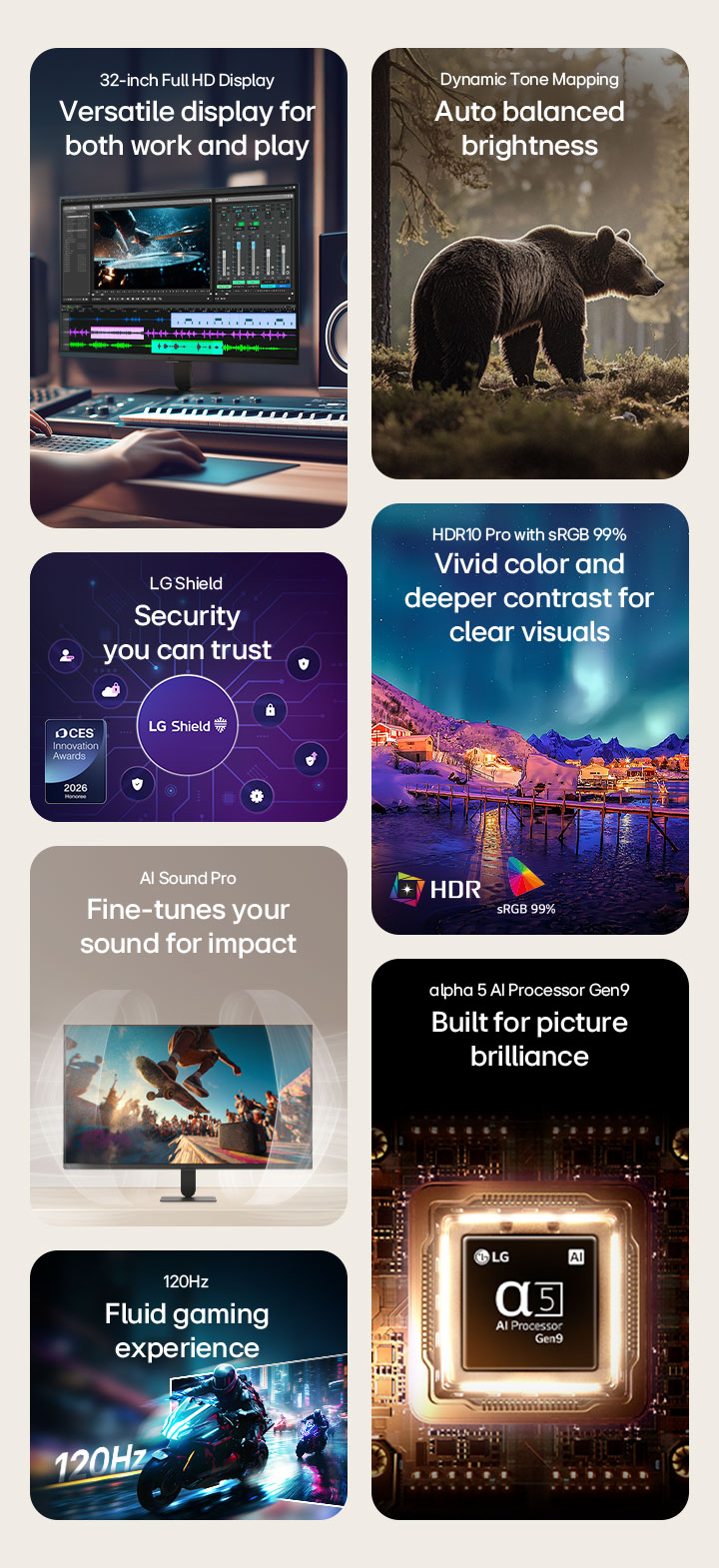 فيديو ملخّص يستعرض مزايا شاشة LG Smart Monitor، بما في ذلك شاشة Full HD IPS وتقنية Dynamic Tone Mapping وHDR10 Pro مع تغطية لونية sRGB 99% وAI Sound Pro ومعالج alpha 5 AI Processor Gen9 وحماية LG Shield.