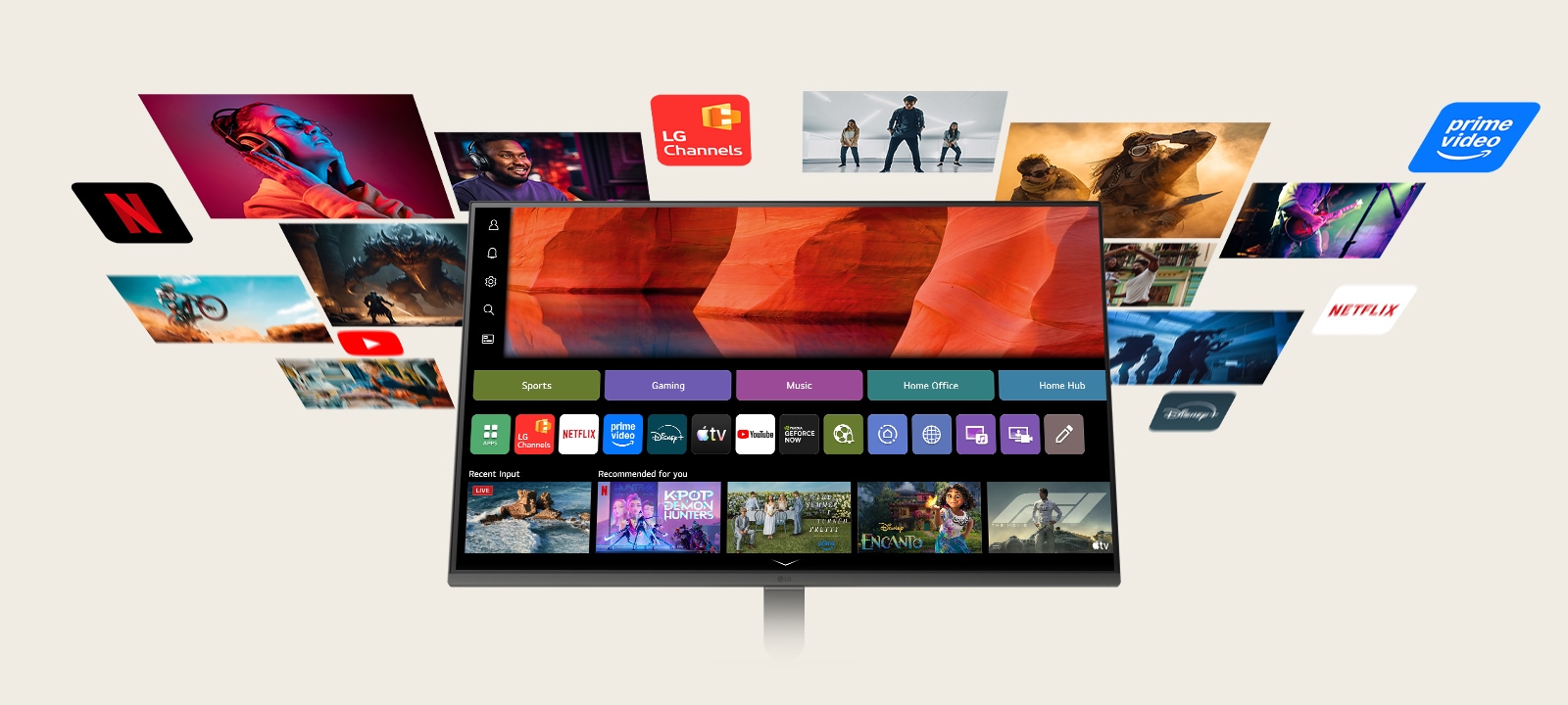 شاشة LG Smart Monitor تعرض صفحة webOS الرئيسية مع تطبيقات البث وبلاط المحتوى، محاطة بصور الترفيه العائمة مثل الأفلام والرياضة والعروض، مما يسلط الضوء على الكل في تدفق ذكي واحد واكتشاف المحتوى وتجربة الترفيه المنزلي