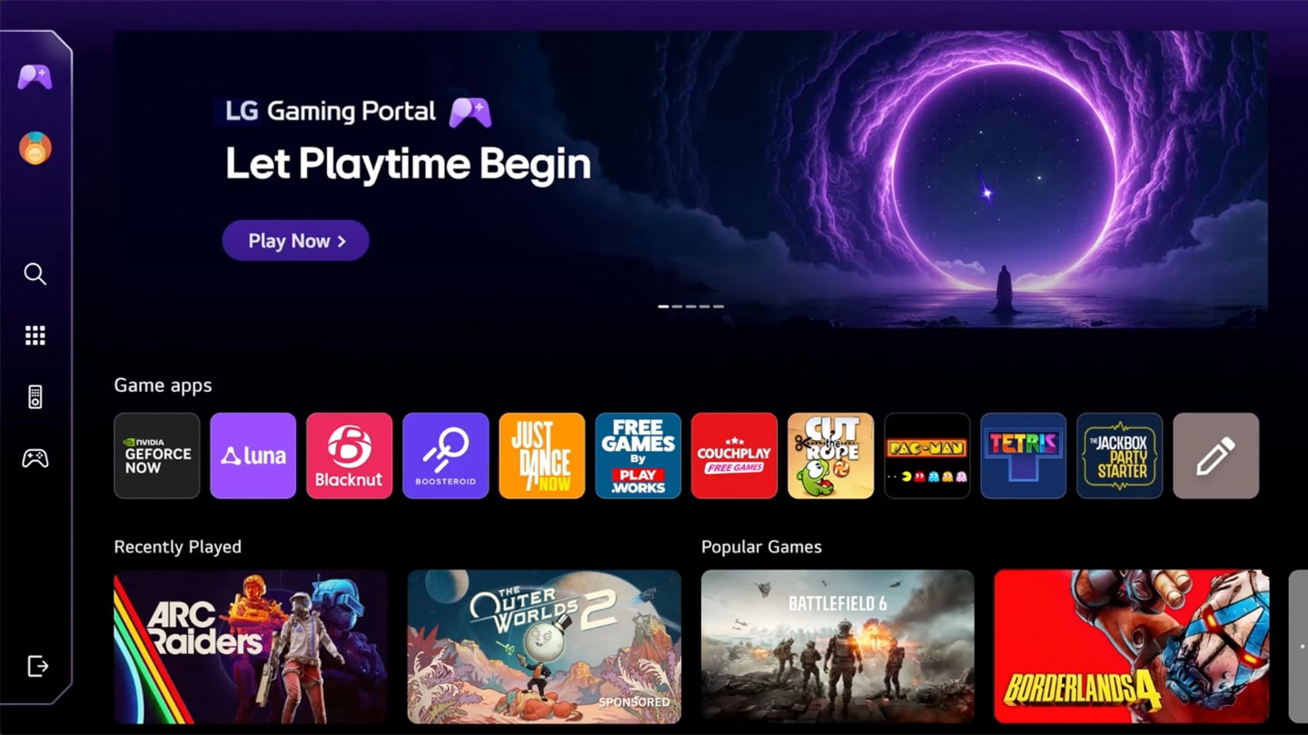 شاشة LG Smart Monitor تعرض واجهة LG Gaming Portal مع تطبيقات الألعاب وخدمات الألعاب السحابية والعناوين الشائعة، والتي تتميز بالوصول إلى اللعب الآن والألعاب التي تم تشغيلها مؤخرًا وتجربة محور الألعاب بنمط وحدة التحكم على webOS