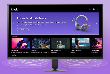 تعرض شاشة LG Smart Monitor واجهة تطبيقات الموسيقى.