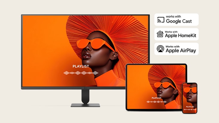 تتم مشاركة الشاشة نفسها عبر شاشة LG Smart Monitor والكمبيوتر المحمول والكمبيوتر اللوحي والهاتف الذكي باستخدام AirPlay 2 ومشاركة الشاشة.