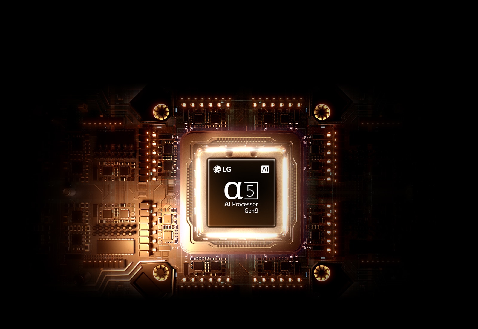عرض توضيحي لأداء معالج alpha 8 AI Processor 4K Gen3، مع رقاقة مضيئة وتأثيرات ضوئية، يسلط الضوء على المعالجة عالية الأداء، وتحسين الصورة والصوت المدعوم بالذكاء الاصطناعي، وتكنولوجيا العرض الذكية المتطورة