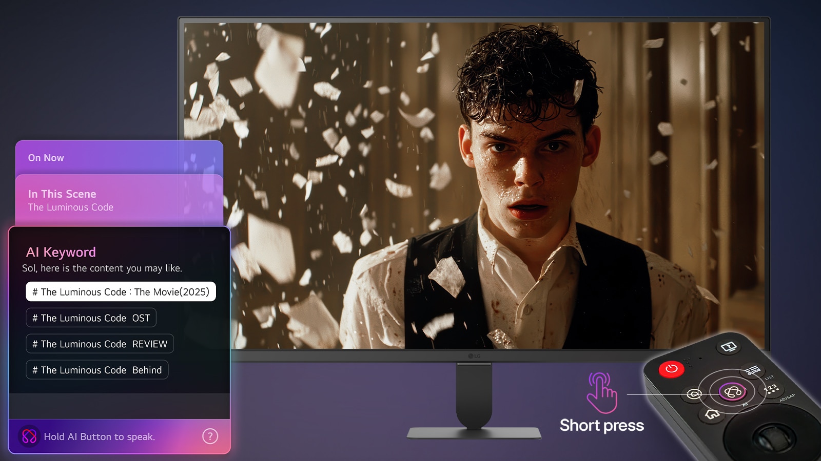 شاشة LG Smart Monitor تعرض واجهة AI Concierge مع توصيات الذكاء الاصطناعي التوليدي واقتراحات الكلمات الرئيسية للذكاء الاصطناعي، التي يتم التحكم فيها بواسطة Magic Remote، مما يسلط الضوء على البحث السياقي والتفاعل الصوتي واكتشاف المحتوى المخصص على الشاشة الذكية