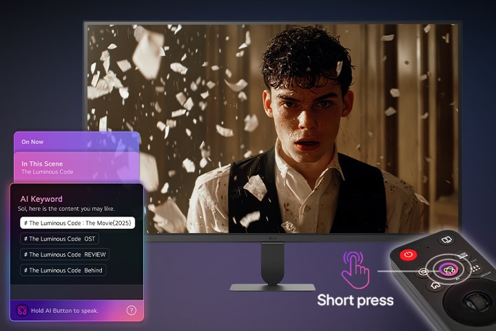 شاشة LG Smart Monitor تعرض واجهة AI Concierge مع توصيات الذكاء الاصطناعي التوليدي واقتراحات الكلمات الرئيسية للذكاء الاصطناعي، التي يتم التحكم فيها بواسطة Magic Remote، مما يسلط الضوء على البحث السياقي والتفاعل الصوتي واكتشاف المحتوى المخصص على الشاشة الذكية