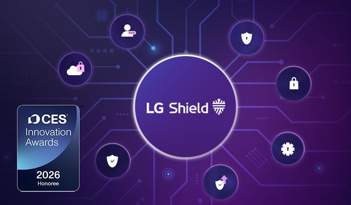 شاشة LG Smart Monitor تسلط الضوء على نظام أمان LG Shield مع تشفير الشبكة وحماية البيانات وتصور أمان متعدد الطبقات، مما يؤكد على تخزين البيانات الآمن والنقل الآمن وتقنية أمان الأجهزة الذكية الحائزة على جوائز