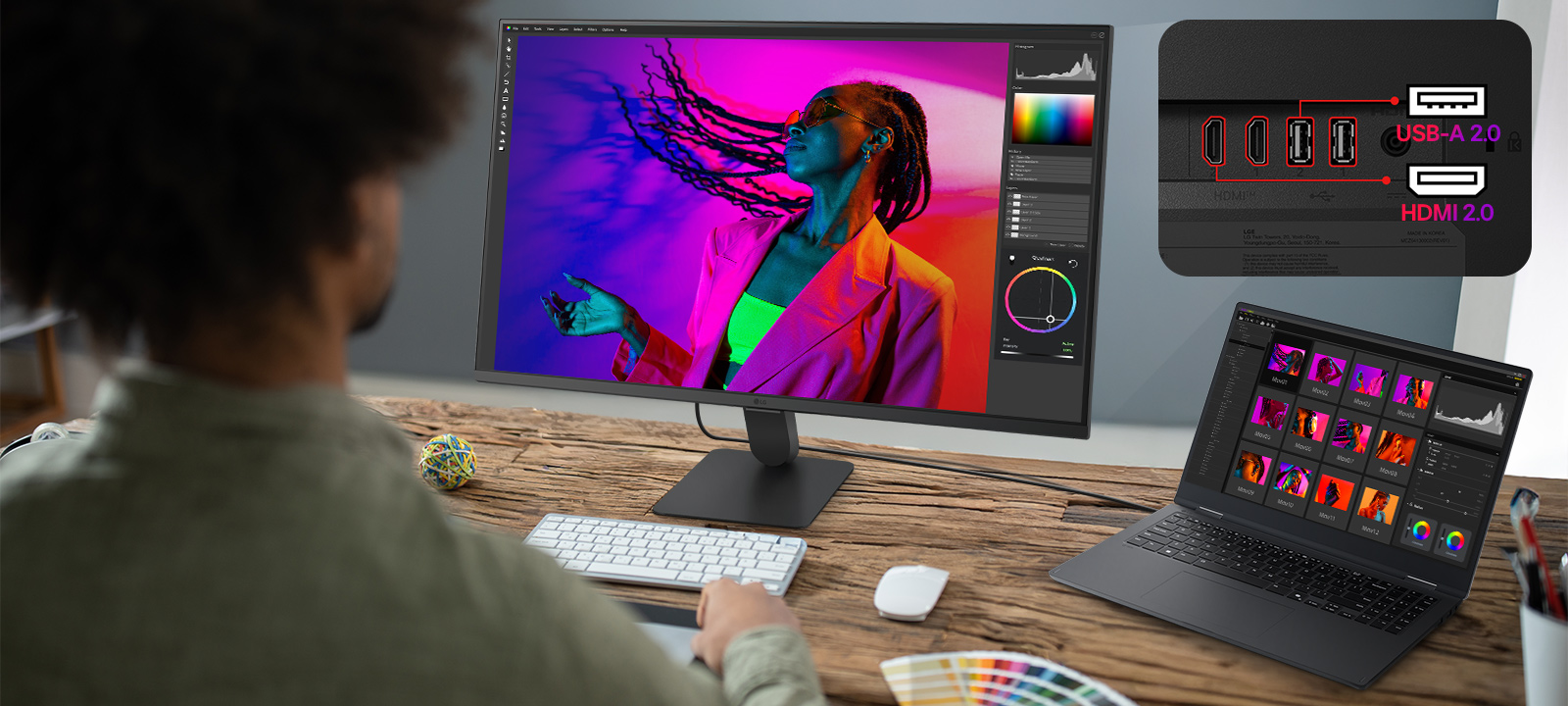 شاشة LG Smart Monitor متصلة بجهاز كمبيوتر محمول عبر منفذ USB-C مع شحن بقدرة 65 واط، وتُظهر مساحة عمل مخصصة لتحرير الصور، ومنافذ متعددة تشمل USB-C وUSB وHDMI، مع التركيز على إمكانية التوصيل بكابل واحد، وشحن الأجهزة، وإعداد محطة عمل مخصصة لزيادة الإنتاجية