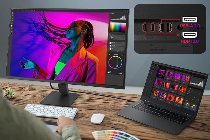 شاشة LG Smart Monitor متصلة بجهاز كمبيوتر محمول عبر منفذ USB-C مع شحن بقدرة 65 واط، وتُظهر مساحة عمل مخصصة لتحرير الصور، ومنافذ متعددة تشمل USB-C وUSB وHDMI، مع التركيز على إمكانية التوصيل بكابل واحد، وشحن الأجهزة، وإعداد محطة عمل مخصصة لزيادة الإنتاجية