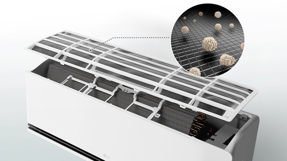 مكيف هواء مزود بفلتر مفتوح، وقطعة تفصيلية للغبار الذي يتم فلترته