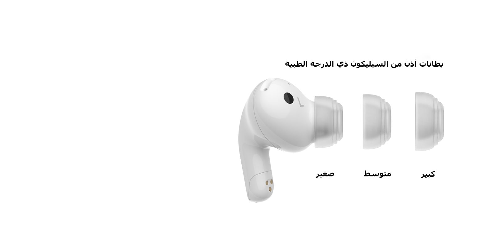 منظر جانبي لسماعة الأذن ذات الأحجام الثلاثة لبطانات الأذن.