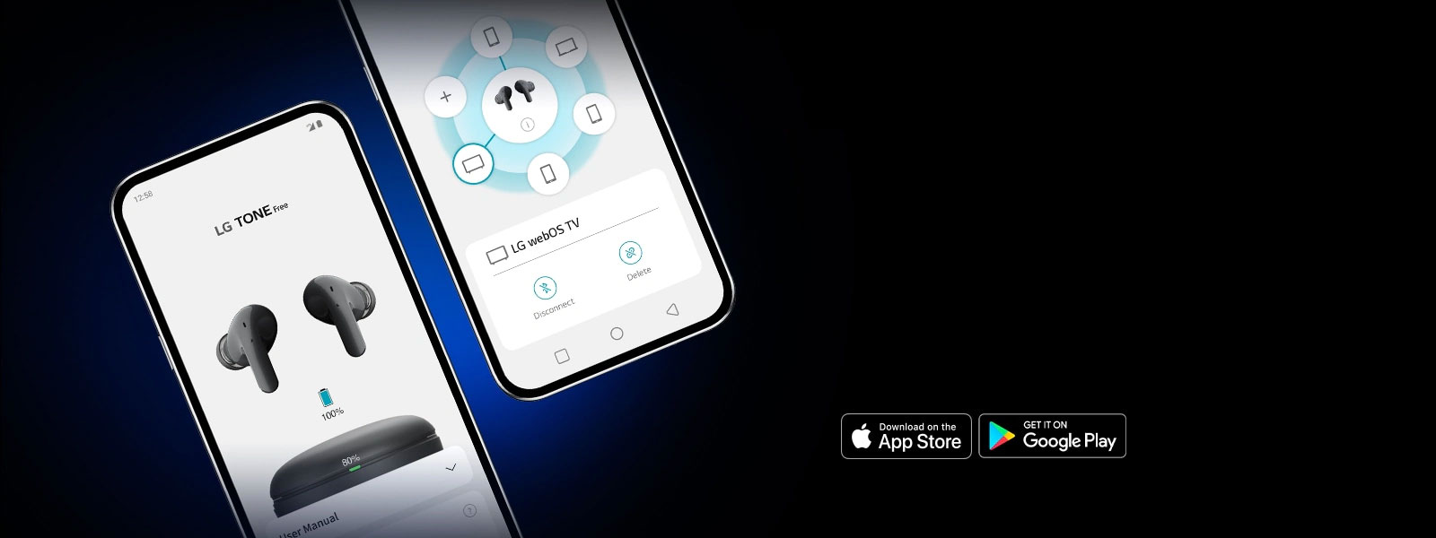 − علامة Alt في صورة كمبيوتر سطح المكتب وهاتفان يعرضان شاشة تطبيق TONE Free من إل جي على خلفية سوداء. تعرض إحدى الشاشتين حالة بطارية سماعات الأذن، وتعرض الأخرى حالة الاتصال. يظهر رمزا Made for iPhone وGet it on Google Play على اليمين. - علامة Alt لصورة الهاتف المحمول وهاتف يعرض صفحة حالة البطارية لتطبيق TONE Free من إل جي على خلفية سوداء. يظهر رمزا Made for iPhone وGet it on Google Play بالأعلى.