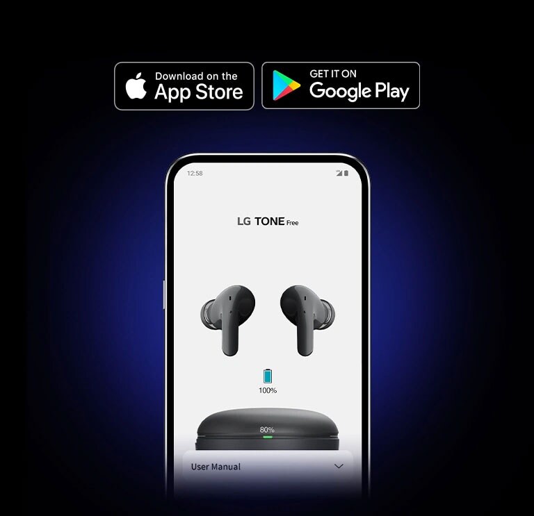− علامة Alt في صورة كمبيوتر سطح المكتب وهاتفان يعرضان شاشة تطبيق TONE Free من إل جي على خلفية سوداء. تعرض إحدى الشاشتين حالة بطارية سماعات الأذن، وتعرض الأخرى حالة الاتصال. يظهر رمزا Made for iPhone وGet it on Google Play على اليمين. - علامة Alt لصورة الهاتف المحمول وهاتف يعرض صفحة حالة البطارية لتطبيق TONE Free من إل جي على خلفية سوداء. يظهر رمزا Made for iPhone وGet it on Google Play بالأعلى.