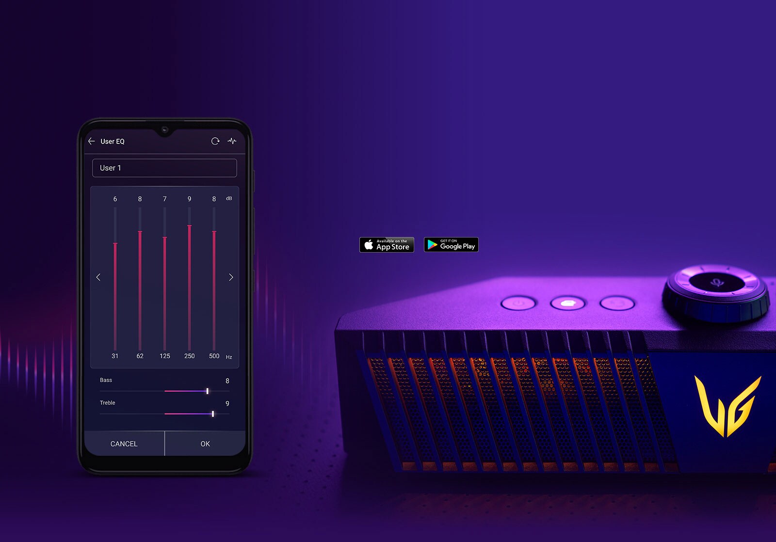 وضع مكبر صوت الألعاب بإضاءة صفراء على طاولة ذات إضاءة أرجوانية. يوجد هاتف جوال مع مشهد إعداد "موازن صوت" في شاشته.