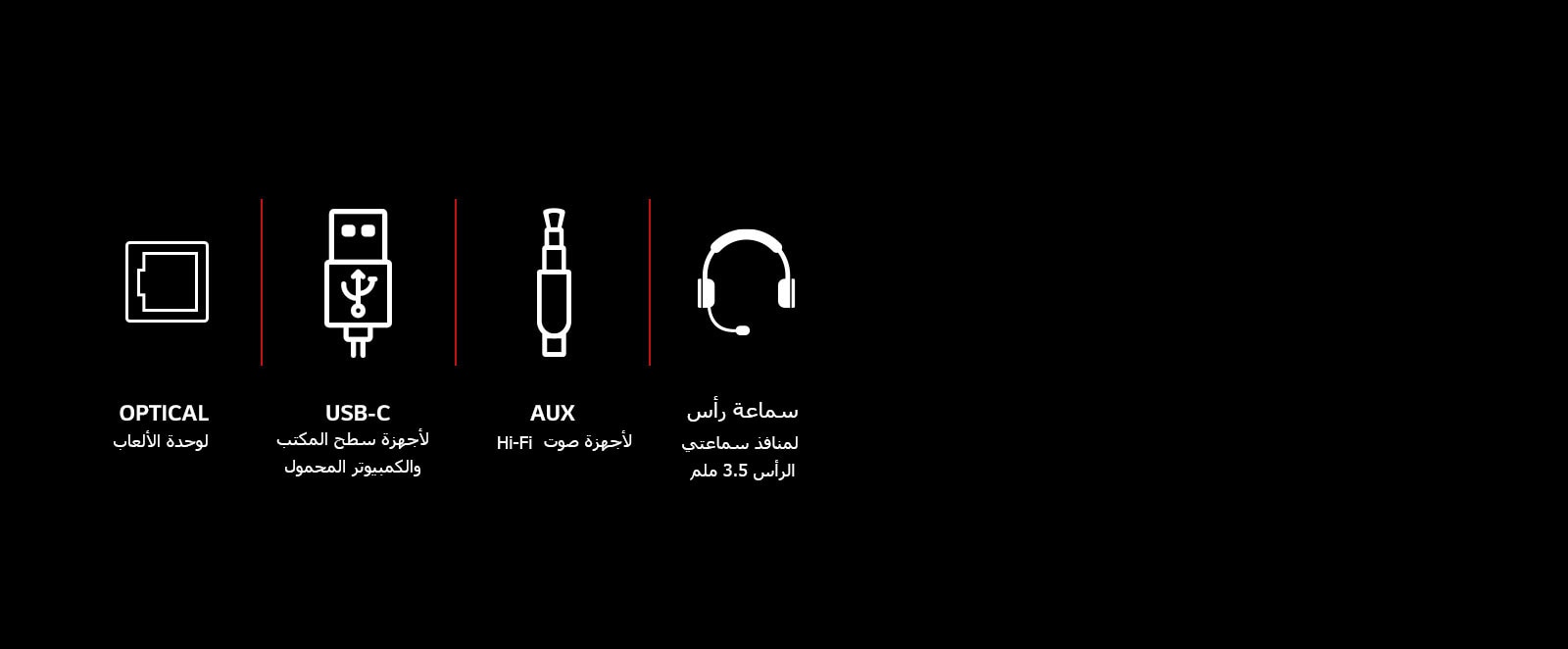 مجموعة من الصور التوضيحية للكابل البصري و USB-C وكابل AUX وسماعة الرأس. يوجد نص يقول: Optical لوحدة التحكم في الألعاب، وUSB-C لأجهزة سطح المكتب والكمبيوتر المحمول، وAUX لأجهزة الصوت Hi-Fi، وسماعة الرأس لمنافذ سماعات الرأس مقاس 3.5 ملم أسفل كل رمز رسم تخطيطي.